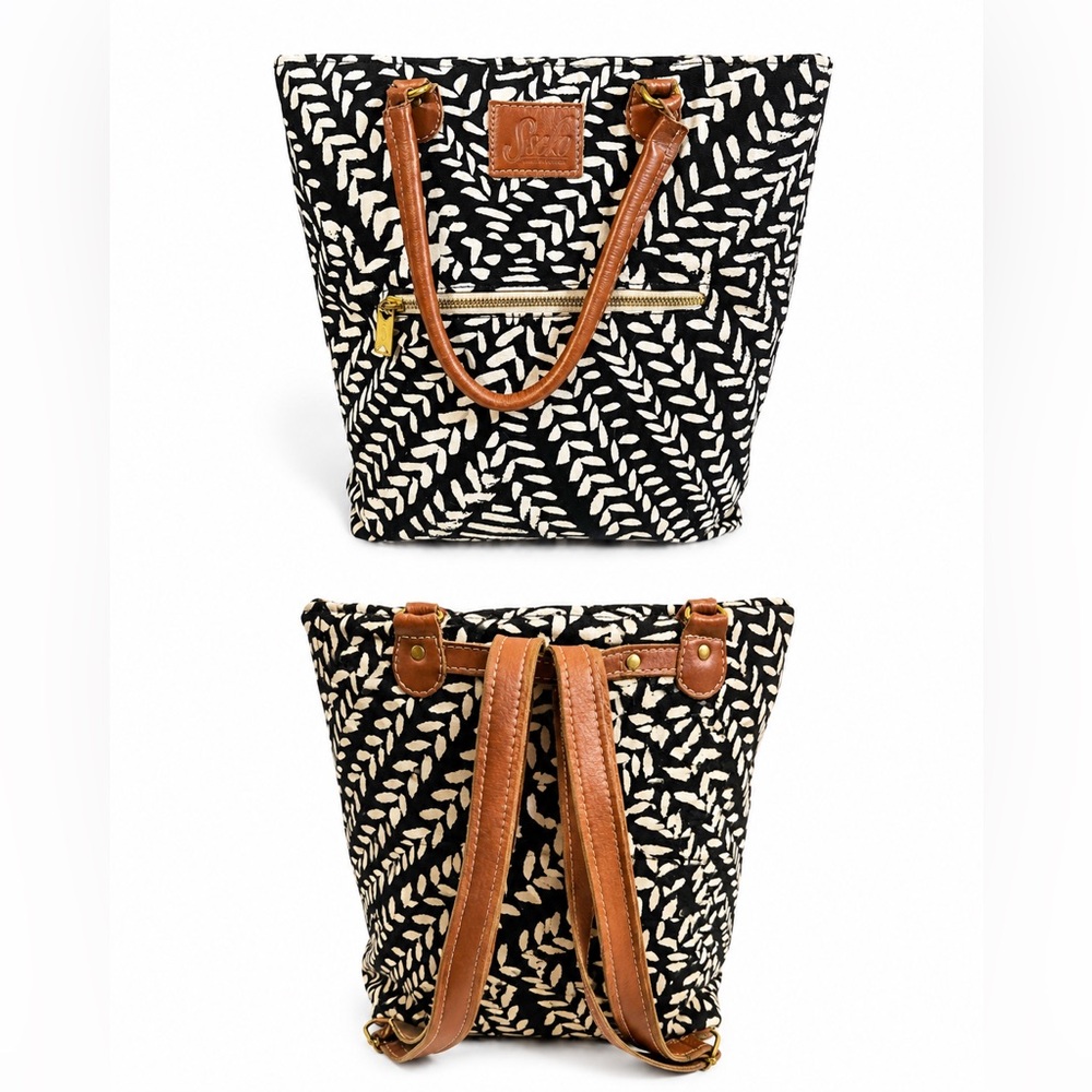 Sseko Designs Kawa Canvas Leather Convertible Backpack Tote Bag Black
Tan